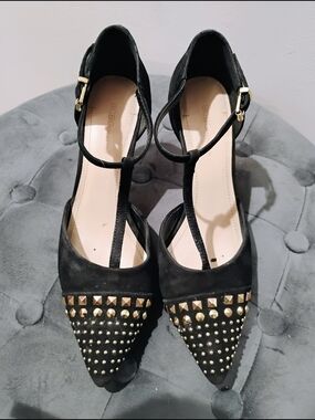 BCBG Generation Black Goldtone Studded Pointed-Toe T-Strap Heels